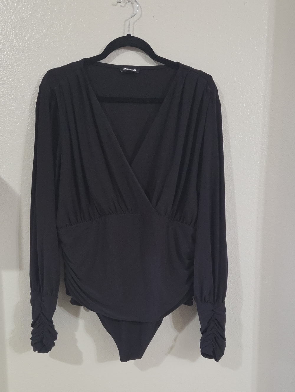 Express Black Long-Sleeve Draped Surplice Faux Wrap Bodysuit